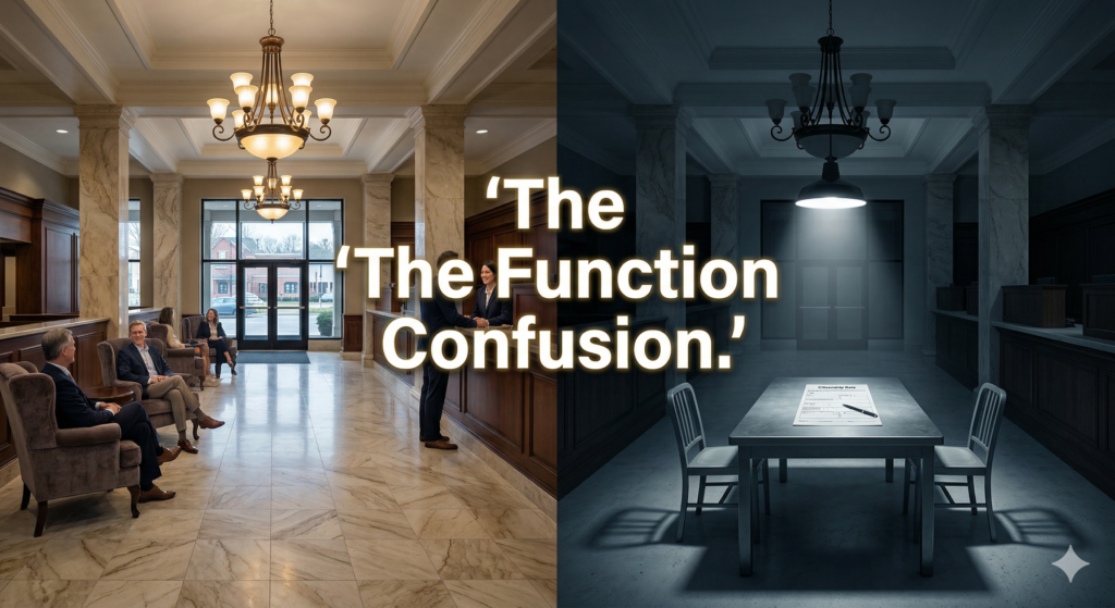 A split-screen visual. On the left, a traditional, high-end marble bank lobby (warm, welcoming). On the right, the same lobby transformed into a cold, clinical interrogation room with a single spotlight on a "Citizenship Data" form.