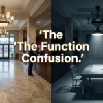 A split-screen visual. On the left, a traditional, high-end marble bank lobby (warm, welcoming). On the right, the same lobby transformed into a cold, clinical interrogation room with a single spotlight on a "Citizenship Data" form.