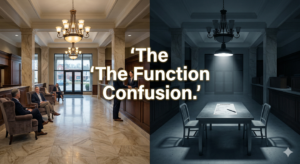 A split-screen visual. On the left, a traditional, high-end marble bank lobby (warm, welcoming). On the right, the same lobby transformed into a cold, clinical interrogation room with a single spotlight on a "Citizenship Data" form.