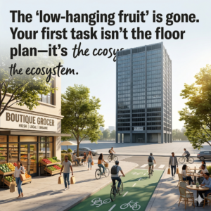 A cinematic 3D visual of a bustling "15-minute city" street in the foreground, with a stark, isolated 1980s office tower in the background, featuring the text overlay: "The 'low-hanging fruit' is gone. Your first task isn't the floor plan—it's the ecosystem."