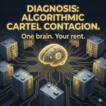 image Visualizing how competing buildings are "infected" by a single shared algorithm. A dark, clinical background. In the center, a glowing, golden brain or "Central Processing Unit" rendered in Accent Gold. Thin, glowing golden "nerves" or data lines extend outward from this central brain, plugging into the roofs of several different apartment buildings that are rendered in a cold Surface. Text Overlay: DIAGNOSIS: ALGORITHMIC CARTEL CONTAGION. One brain. Your rent.