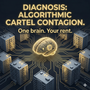 image Visualizing how competing buildings are "infected" by a single shared algorithm. A dark, clinical background. In the center, a glowing, golden brain or "Central Processing Unit" rendered in Accent Gold. Thin, glowing golden "nerves" or data lines extend outward from this central brain, plugging into the roofs of several different apartment buildings that are rendered in a cold Surface. Text Overlay: DIAGNOSIS: ALGORITHMIC CARTEL CONTAGION. One brain. Your rent.