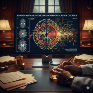 Image of A human brain silhouette is displayed on a high-resolution medical monitor. ​The Left Hemisphere: Shows a standard, clinical brain scan with "healthy" gold-glowing synapses. ​The Right Hemisphere: Instead of neural pathways, it is composed of a chaotic, tangled map of home price indexes and mortgage rate charts. ​The Anomaly: A large, red "Diagnostic Lens" (magnifying glass) is hovering over the prefrontal cortex. Inside the lens, the "healthy" synapses are revealed to be shattered dollar signs and a "Maturity Date 2026" stamp that is glowing with a sickly red heat.