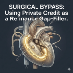 graphic of A diagram resembling a human heart. The main "artery" (labeled CMBS/Traditional Banks) is shown with a blockage or a "Fatigue" warning sign. A glowing, bypass tube