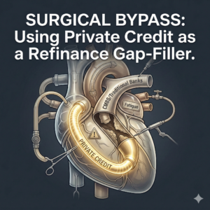 graphic of A diagram resembling a human heart. The main "artery" (labeled CMBS/Traditional Banks) is shown with a blockage or a "Fatigue" warning sign. A glowing, bypass tube