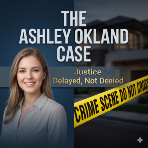 split-screen representing the passage of time and justice. Visual Elements: On the left, a soft-focus, high-quality professional headshot of Ashley Okland. On the right, a gritty, high-contrast image of a yellow "Crime Scene Do Not Cross" tape stretched across a blurred background of a modern villa. Typography: The title "THE ASHLEY OKLAND CASE" in a bold, clean sans-serif font. Below it, in a smaller, metallic or gold font: "Justice Delayed, Not Denied." Color Palette: Deep blues, charcoal grays, and a sharp gold accent to highlight the word "Justice."