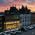 shot of a modern hotel building located in the foreground, with the massive silhouette of a industrial plant visible in the background against a sunset sky. In the hotel parking lot, a few professional work trucks or a 2022 Ford Maverick to ground the scene in reality. The hotel lobby lights are visible through the glass, looking upscale yet functional.