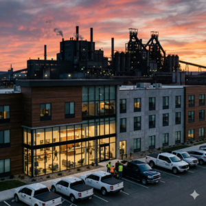 shot of a modern hotel building located in the foreground, with the massive silhouette of a industrial plant visible in the background against a sunset sky. In the hotel parking lot, a few professional work trucks or a 2022 Ford Maverick to ground the scene in reality. The hotel lobby lights are visible through the glass, looking upscale yet functional.