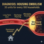 A dark, clinical background. An anatomical drawing of a "systemic artery" representing the senior care pipeline. The artery flows smoothly from "Long-Term Care" but hits a massive, glowing blockage labeled "Structural Bottleneck" at the "Affordable Housing" junction. Small, dimmed icons of houses are trapped behind the blockage, while a single, jagged gold line (the "discharged resident") is diverted toward a cold, gray shelter icon. Text Overlay: DIAGNOSIS: HOUSING EMBOLISM. 35 units for every 100 households.