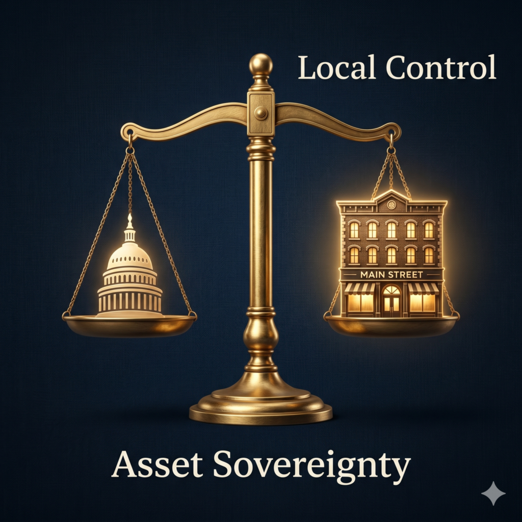 A minimalist, "dark luxury" digital graphic. A set of scales is depicted in brushed gold. On one side of the scale is a small, glowing icon of a federal capitol dome; on the other, a larger, more prominent icon of a local hotel building. The background is a textured, dark navy blue. The text on the graphic is "Asset Sovereignty" and "Local Control."