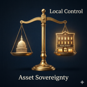 A minimalist, "dark luxury" digital graphic. A set of scales is depicted in brushed gold. On one side of the scale is a small, glowing icon of a federal capitol dome; on the other, a larger, more prominent icon of a local hotel building. The background is a textured, dark navy blue. The text on the graphic is "Asset Sovereignty" and "Local Control."