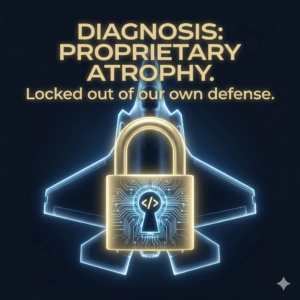 image of a dark, minimalist background. In the center, a hyper-realistic, glowing silhouette of an F-35 fighter jet. Superimposed over the engine/center of the vehicle is a massive, heavy-duty padlock rendered in Accent Gold. The keyhole of the lock is shaped like a digital circuit Text Overlay: DIAGNOSIS: PROPRIETARY ATROPHY. Locked out of our own defense.