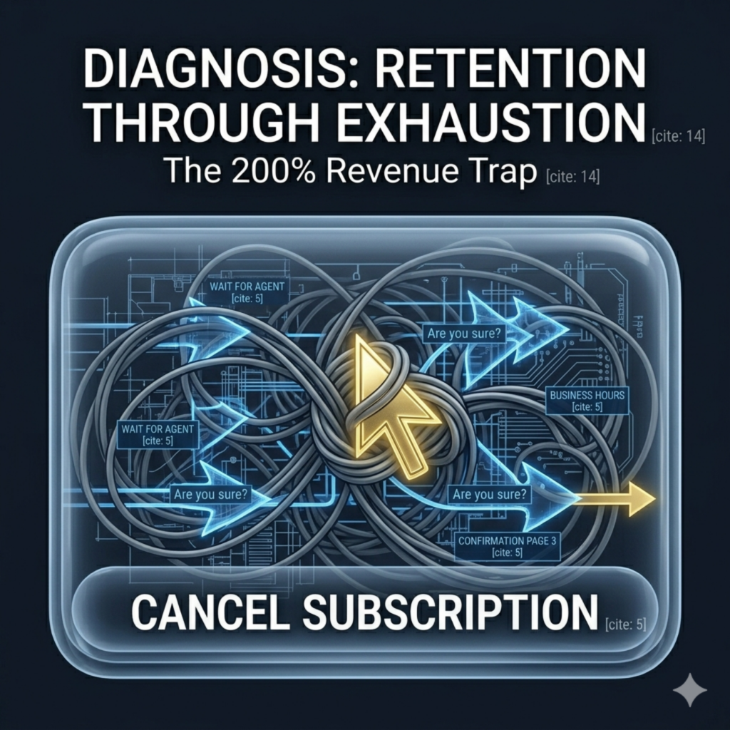 An X-ray style view of a digital "Cancel Subscription" button. The surface looks simple, but the "X-ray" reveals a complex, tangled maze of Surface Gray wires and "Are you sure?" gates hidden underneath. A single golden cursor is shown trapped in the center of the labyrinth.