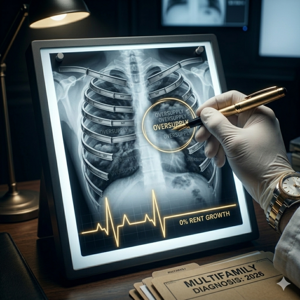 A close-up of a medical X-ray lightbox in a dark office. The Subject: Pinned to the board is an X-ray of a human torso, but the "ribcage" is made of steel construction girders from a multifamily project. The Anomaly: The "lungs" are filled with a dark, cloudy substance labeled "OVERSUPPLY." An EKG line runs across the bottom, showing a strong pulse that suddenly flatlines into a straight gold line labeled "0% RENT GROWTH.