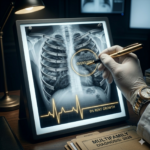 A close-up of a medical X-ray lightbox in a dark office. The Subject: Pinned to the board is an X-ray of a human torso, but the "ribcage" is made of steel construction girders from a multifamily project. The Anomaly: The "lungs" are filled with a dark, cloudy substance labeled "OVERSUPPLY." An EKG line runs across the bottom, showing a strong pulse that suddenly flatlines into a straight gold line labeled "0% RENT GROWTH.