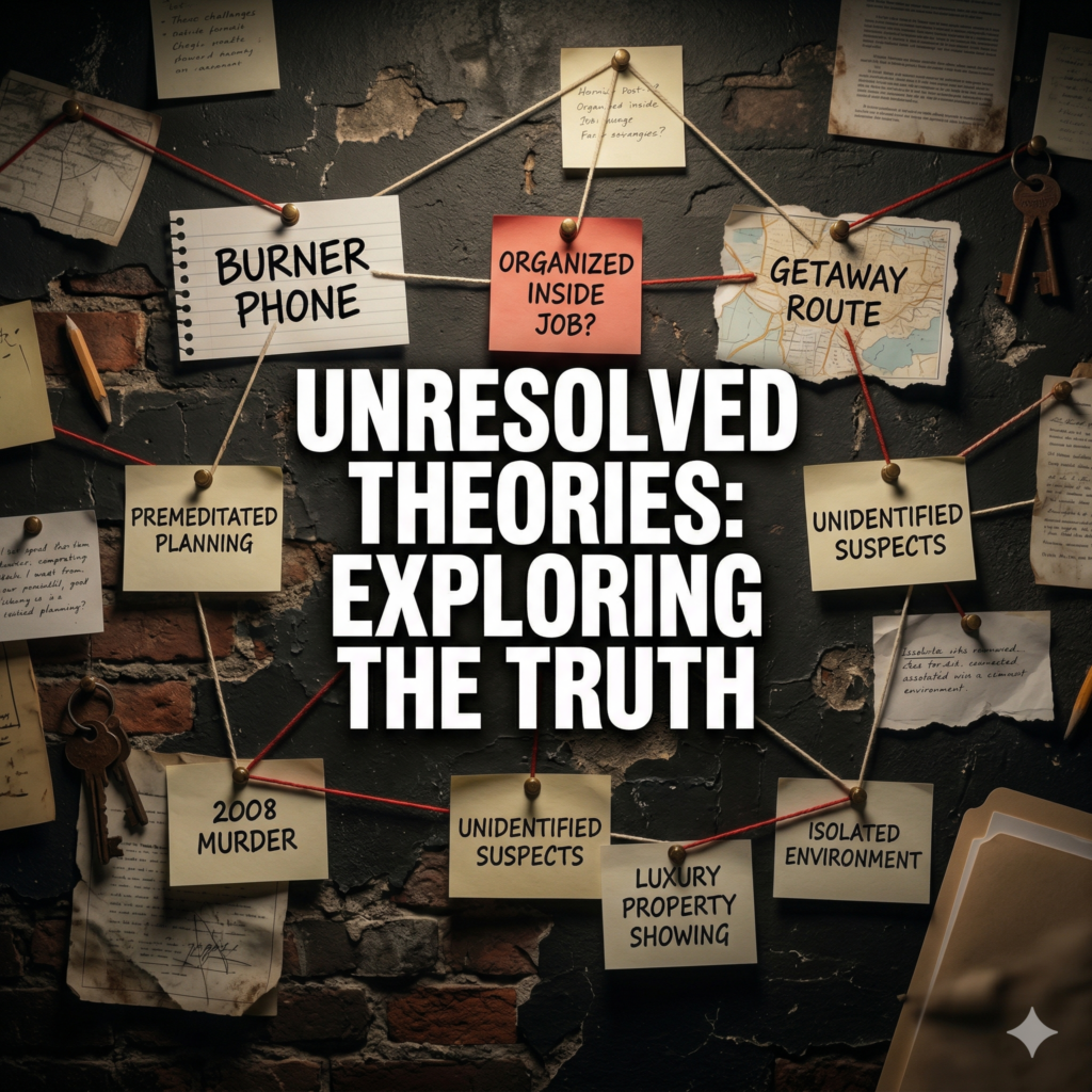 image Pieces of paper, "Post-it" notes, and string connecting different elements like "Burner Phone," "Inside Job?," and "Getaway Route." The background is a dark, textured wall. Lighting: Dim, with a slight "noir" feel. Text Overlay: Centralized, high-impact text: "UNRESOLVED THEORIES: EXPLORING THE TRUTH."