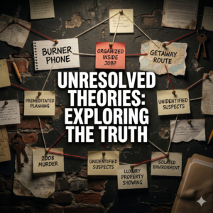 image Pieces of paper, "Post-it" notes, and string connecting different elements like "Burner Phone," "Inside Job?," and "Getaway Route." The background is a dark, textured wall. Lighting: Dim, with a slight "noir" feel. Text Overlay: Centralized, high-impact text: "UNRESOLVED THEORIES: EXPLORING THE TRUTH."