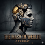 A stylized portrait of a man’s silhouette. Inside the silhouette, instead of a face, is a collage of luxury textures: gold bars, high-end watches, and city skylines. The silhouette is "cracking" like porcelain, revealing a hollow, dark interior. Text: The podcast title in a heavy, metallic font. Style: Minimalist but deeply symbolic, focusing on the idea that the "assets" were only skin-deep.