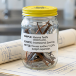 A close-up shot of a standard clear laboratory specimen jar with a yellow "biohazard" lid. Inside the jar are several tangled, rusted pieces of steel screws, copper wiring, and aluminum scraps. The jar is sitting on top of a rolled-up construction blueprint.