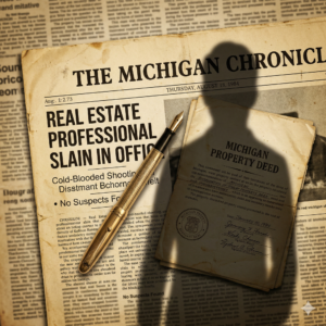 A close-up, top-down shot of a 1984 newspaper clipping with the headline "Real Estate Professional Slain in Office." The paper is yellowed with age. Resting on top of the article is a gold luxury fountain pen and a vintage Michigan property deed. A single, dark shadow of a figure falls across the documents, symbolizing the "hidden dangers" and the "four decades of silence" mentioned in the text.