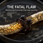 A microscopic slide view showing a "Supply Chain Artery." Inside the artery, several jagged, dark "Geopolitical Externalities" (shaped like naval mines or gears) are causing a total blockage of the gold "Oil Particles."