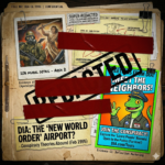A collage-style graphic that feels like a redacted government file. The background is a weathered manila folder texture. Pieces of "evidence" are pinned to it: a polaroid of a strange mural detail, a grainy "secret" blueprint of the airport layout, and a neon-colored, modern marketing flyer featuring a cartoon lizard person wearing a pilot’s hat. A heavy black "REDACTED" stamp sits across the center of the image.
