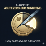 image Visualizing the zero-sum reality where one side’s gain is the other’s loss. Description: A dark, clinical background. In the center, a golden "pie chart" or circular asset icon rendered in Accent Gold (#BDB18A). A surgical scalpel is seen mid-incision, carving out a large, jagged "slice." The larger slice is glowing brightly, while the remaining portion appears dimmed or "atrophied." Text Overlay: DIAGNOSIS: ACUTE ZERO-SUM SYNDROME. Every dollar saved is a dollar lost.