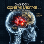 image with a dark, clinical background (#111827). A side-profile "X-ray" of a human skull. The primitive areas of the brain (the amygdala) are glowing with a chaotic, fiery red labeled "SYSTEM 1: IMPULSE." In contrast, the prefrontal cortex is being meticulously reinforced by glowing Accent Gold circuitry labeled "SYSTEM 2: ANALYTICAL."