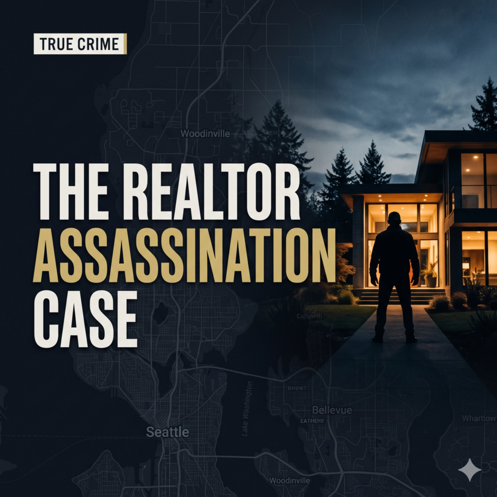 A dark blue-gray backdrop featuring a faint, desaturated map grid of the Seattle/Woodinville area blended into the darkness. Left Side Text: Large, heavy, three-line text utilizing a strong color hierarchy: Line 1: THE REALTOR Line 2: ASSASSINATION Line 3: CASE Right Side Visual: A striking, silhouetted figure standing outside a modern, empty luxury estate at twilight, with dramatic interior light spilling out to create high contrast. Accent: A small, clean "True Crime" tag in the top corner