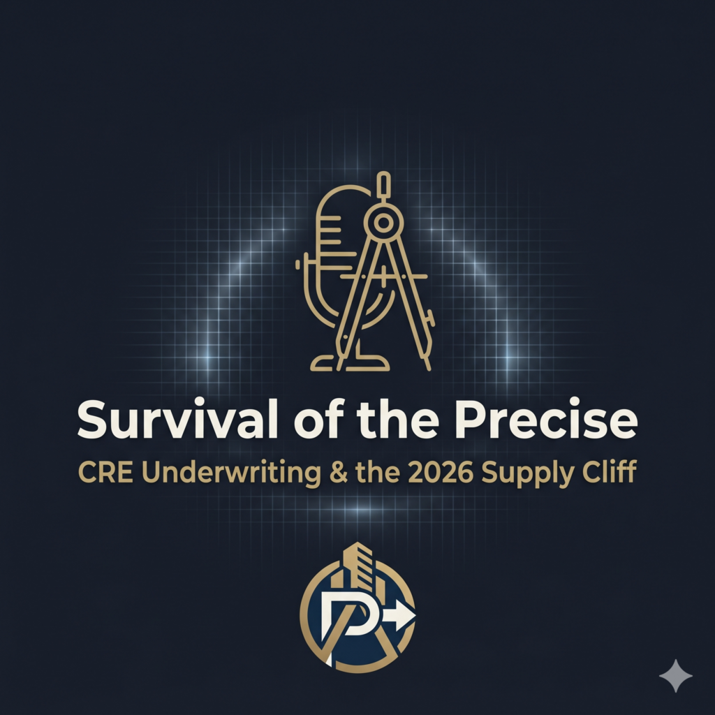 Solid dark blue/gray with a subtle, glowing "grid" texture in the center. Graphic Elements: A central, gold line art icon of a microphone merged with a precision drafting compass. Typography & Copy: Main Title: Survival of the Precise in bold, off-white font Subtitle: CRE Underwriting & the 2026 Supply Cliff in gold. Branding: "Pri’s Perspective" logo prominently in the bottom center.