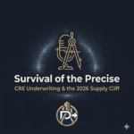 Solid dark blue/gray with a subtle, glowing "grid" texture in the center. Graphic Elements: A central, gold line art icon of a microphone merged with a precision drafting compass. Typography & Copy: Main Title: Survival of the Precise in bold, off-white font Subtitle: CRE Underwriting & the 2026 Supply Cliff in gold. Branding: "Pri’s Perspective" logo prominently in the bottom center.