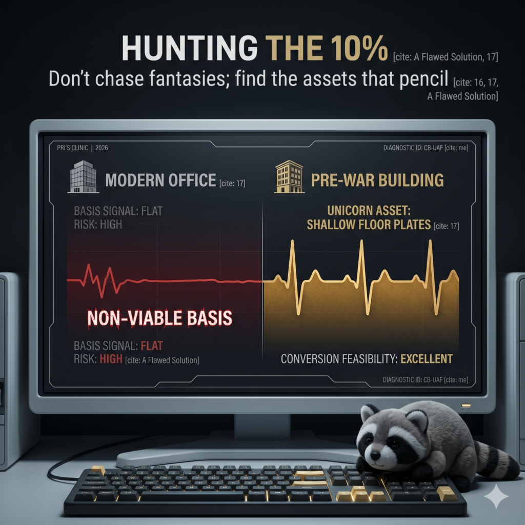 A split-screen medical monitor view. Left Side (Modern Office): A jagged, red-pulsing "Flatline" labeled "NON-VIABLE BASIS." Right Side (Pre-war Building): A steady, healthy Accent Gold heartbeat pulse labeled "UNICORN ASSET: SHALLOW FLOOR PLATES." Text Overlay: HUNTING THE 10%. Don't chase fantasies; find the assets that pencil.