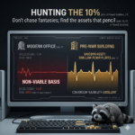 A split-screen medical monitor view. Left Side (Modern Office): A jagged, red-pulsing "Flatline" labeled "NON-VIABLE BASIS." Right Side (Pre-war Building): A steady, healthy Accent Gold heartbeat pulse labeled "UNICORN ASSET: SHALLOW FLOOR PLATES." Text Overlay: HUNTING THE 10%. Don't chase fantasies; find the assets that pencil.