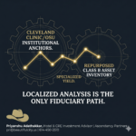 An institutional graphic emphasizing localized analysis and medical anchors. Visual Details: Use the deep charcoal background (#111827). The graphic features two large, interlocking cogs made of technical blueprint lines. The first cog is labeled "Cleveland Clinic/OSU Institutional Anchors." The second cog is labeled "Repurposed Class B Asset Inventory." A bright gold (#BDB18A) data line connects them, representing specialized yield. Text Overlay: "LOCALIZED ANALYSIS IS THE ONLY FIDUCIARY PATH."