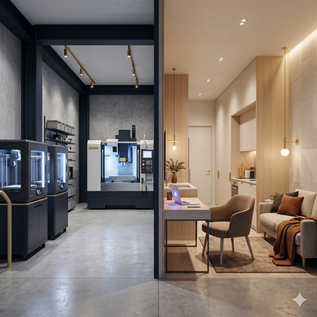 A split-screen or dual-layered architectural visualization that bridges the gap between industrial grit and modern hospitality. Left Side/Background: A sleek, high-tech industrial "Maker Suite." Featured are high-end 3D printers and a CNC machine with subtle "action" lighting (cool blues and whites). The floor is polished concrete. Right Side/Foreground: A warm, minimalist residential "pod." It looks like a high-end studio apartment with wood accents, soft warm lighting, and a desk for a laptop.