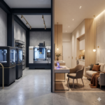 A split-screen or dual-layered architectural visualization that bridges the gap between industrial grit and modern hospitality. Left Side/Background: A sleek, high-tech industrial "Maker Suite." Featured are high-end 3D printers and a CNC machine with subtle "action" lighting (cool blues and whites). The floor is polished concrete. Right Side/Foreground: A warm, minimalist residential "pod." It looks like a high-end studio apartment with wood accents, soft warm lighting, and a desk for a laptop.