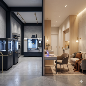 A split-screen or dual-layered architectural visualization that bridges the gap between industrial grit and modern hospitality. Left Side/Background: A sleek, high-tech industrial "Maker Suite." Featured are high-end 3D printers and a CNC machine with subtle "action" lighting (cool blues and whites). The floor is polished concrete. Right Side/Foreground: A warm, minimalist residential "pod." It looks like a high-end studio apartment with wood accents, soft warm lighting, and a desk for a laptop.