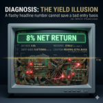 A dark, clinical background. In the center sits a vintage medical monitor with a clean Surface Gray bezel. The screen displays a glowing, neon green banner reading "8% NET RETURN" in crisp typography. However, a digital "X-ray" filter slicing through the bottom half of the monitor reveals that the circuitry underneath is corroded, rusted, and sparking with red warning lights labeled "DEFERRED MAINTENANCE LIABILITY." Text Overlay: DIAGNOSIS: THE YIELD ILLUSION. A flashy headline number cannot save a bad entry basis.