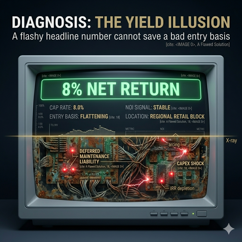 A dark, clinical background. In the center sits a vintage medical monitor with a clean Surface Gray bezel. The screen displays a glowing, neon green banner reading "8% NET RETURN" in crisp typography. However, a digital "X-ray" filter slicing through the bottom half of the monitor reveals that the circuitry underneath is corroded, rusted, and sparking with red warning lights labeled "DEFERRED MAINTENANCE LIABILITY." Text Overlay: DIAGNOSIS: THE YIELD ILLUSION. A flashy headline number cannot save a bad entry basis.