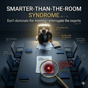 A bird's-eye view of a conference table in Surface Gray. One large chair at the head is glowing with a harsh, arrogant light, while the specialist chairs (labeled MEP, Zoning, Structural) are in the shadows. A magnifying glass held over a "Phase I Environmental Report" reveals a hidden, dark red "Red Flag" that the lead developer is leaning right over without seeing. Text Overlay: SMARTER-THAN-THE-ROOM SYNDROME. Don't dominate the meeting
