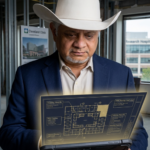 A sophisticated "folksy" visualization. A photorealistic, documentary-style close-up portrait of Pri, wearing a tailored navy blazer and Pri's signature white cowboy hat. He is looking down, focused on a modern digital tablet that is glowing with gold architectural floor plans. Text Overlay: "SURGICAL DATA > GENERIC MARKET ASSUMPTIONS."
