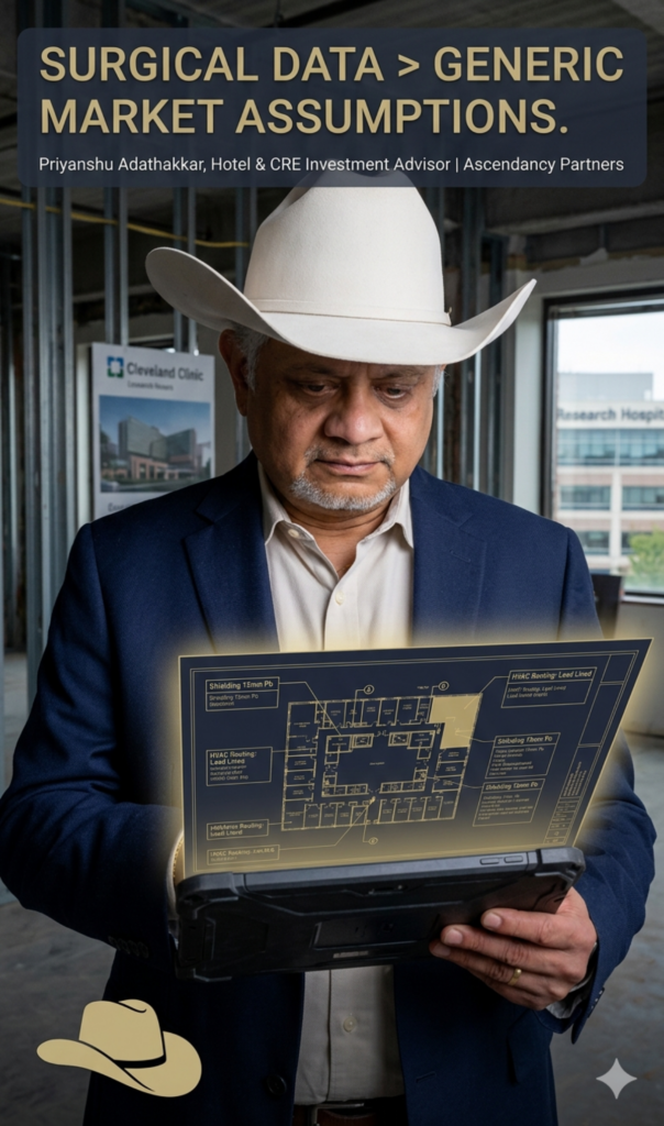 A sophisticated "folksy" visualization. A photorealistic, documentary-style close-up portrait of Pri, wearing a tailored navy blazer and Pri's signature white cowboy hat. He is looking down, focused on a modern digital tablet that is glowing with gold architectural floor plans. Text Overlay: "SURGICAL DATA > GENERIC MARKET ASSUMPTIONS."
