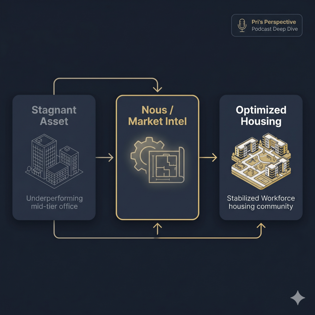 Deep blue-gray canvas. The Flow Diagram: Three clean, rounded slate cards connected by precise, glowing gold lines or arrows showing a logical transition: Card 1: Title reads “Stagnant Asset” in secondary gray, showing a minimalist wireframe icon of an underperforming mid-tier office/hotel. Card 2 (The Catalyst): Title reads “Nous / Market Intel” highlighted with a sharp Accent Gold border, featuring a subtle icon of a gear overlapping a structural blueprint. Card 3: Title reads “Optimized Housing” in bright white, showing a vibrant, gold-accented layout of a stabilized workforce housing community. Podcast Badge: In the upper right corner, a small, elegant badge featuring a minimalist microphone icon that reads: “Pri’s Perspective Podcast Deep Dive.”