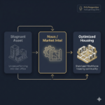 Deep blue-gray canvas. The Flow Diagram: Three clean, rounded slate cards connected by precise, glowing gold lines or arrows showing a logical transition: Card 1: Title reads “Stagnant Asset” in secondary gray, showing a minimalist wireframe icon of an underperforming mid-tier office/hotel. Card 2 (The Catalyst): Title reads “Nous / Market Intel” highlighted with a sharp Accent Gold border, featuring a subtle icon of a gear overlapping a structural blueprint. Card 3: Title reads “Optimized Housing” in bright white, showing a vibrant, gold-accented layout of a stabilized workforce housing community. Podcast Badge: In the upper right corner, a small, elegant badge featuring a minimalist microphone icon that reads: “Pri’s Perspective Podcast Deep Dive.”