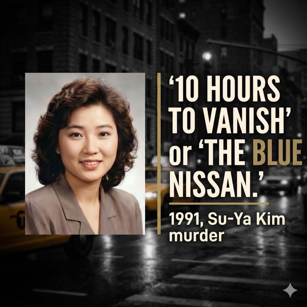 A clean, clear, respectful archival photograph of Su-Ya Kim on the left side. On the right side, large, bold, high-contrast text reading: "10 HOURS TO VANISH" or "THE BLUE NISSAN."
